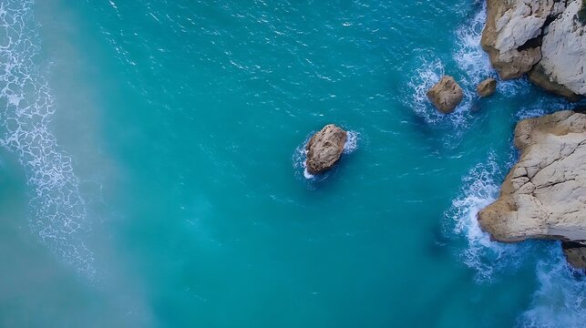 Aerial view of crystal clear turquoise sea waves crashing against rocky coast under sunny skies : Generative AI - Powered by Adobe