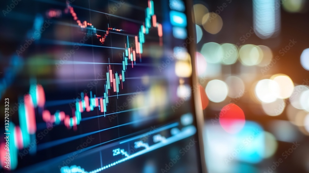 Poster detailed view of a stock market graph displayed on a computer screen with vibrant colors and bokeh b