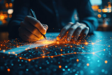 a human hand writing with a pen on paper, but instead of the usual lines, glowing digital networks appear, reminiscent of data flows or artificial intelligence.   
