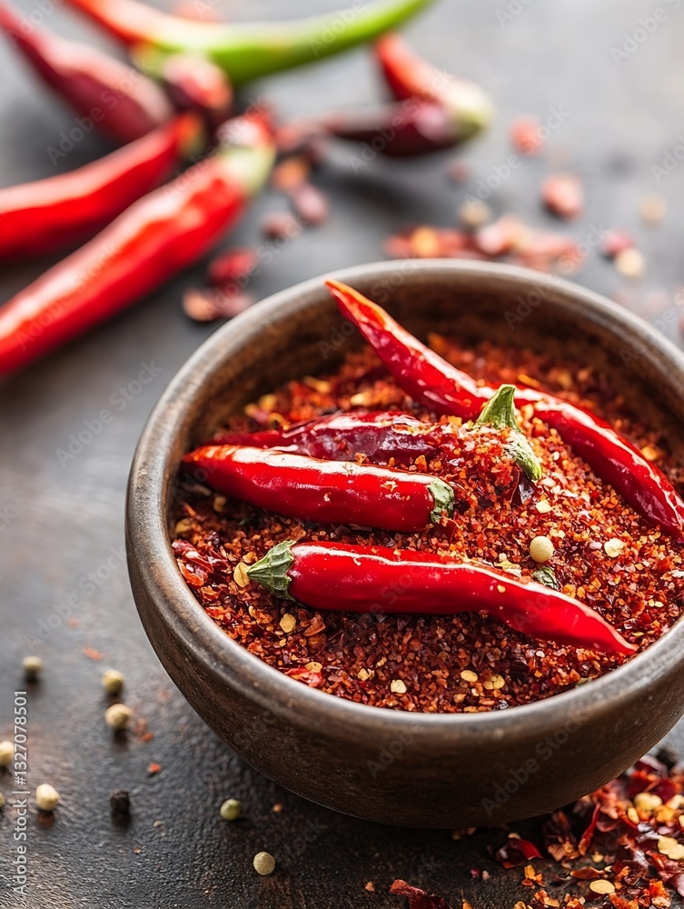 Poster vibrant red chilies and dried chili flakes in rustic bowl on dark background : generative ai