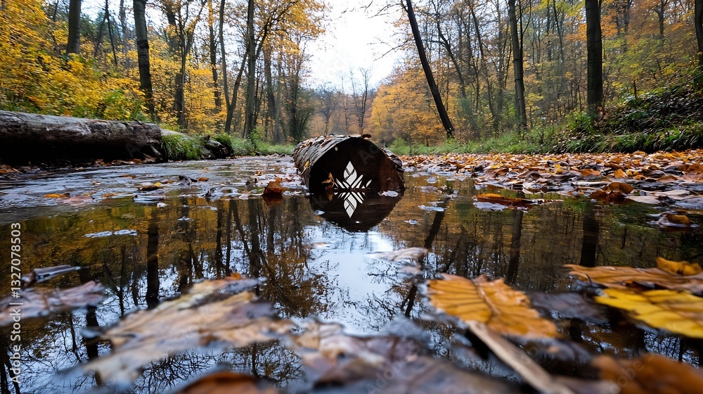 Poster autumn forest scene with fallen leaves and a rustic log reflected in tranquil water surface : genera