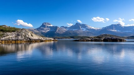 Naklejka premium Stunning Reflection of Mountainous Landscape on a Calm Lake Under Clear Blue Sky : Generative AI
