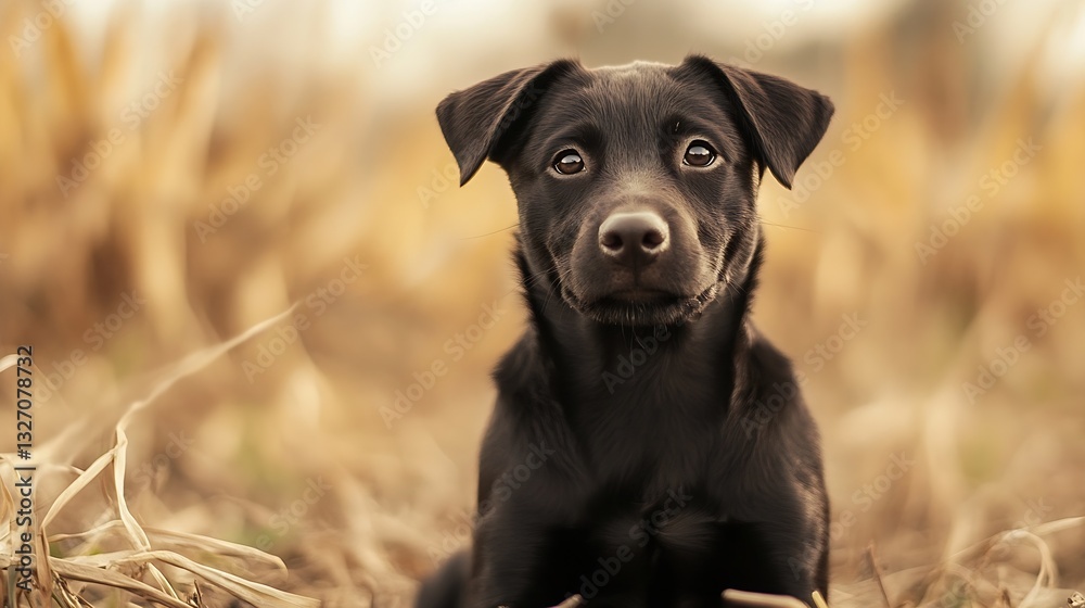 Aufkleber adorable black puppy sitting on the ground with a soft expression against a blurred background of na