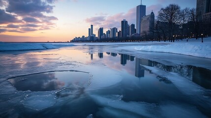 Fototapeta premium Serene winter cityscape reflecting off an icy lake at dusk with towering skyscrapers and colorful sky : Generative AI