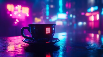 Steaming Coffee Cup in a Cyberpunk City at Night