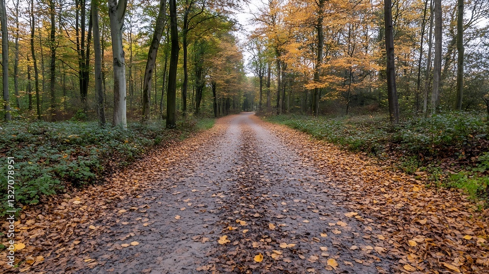 Poster picturesque autumn forest landscape with colorful leaves on an empty path : generative ai