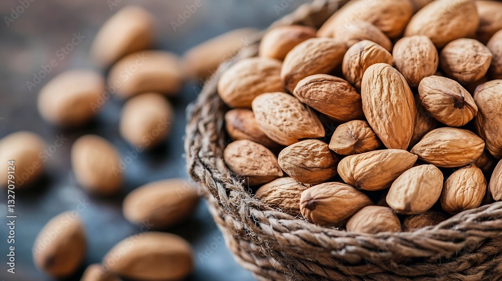 Poster a closeup view of raw almonds in a woven basket showcasing their natural texture and color : generat