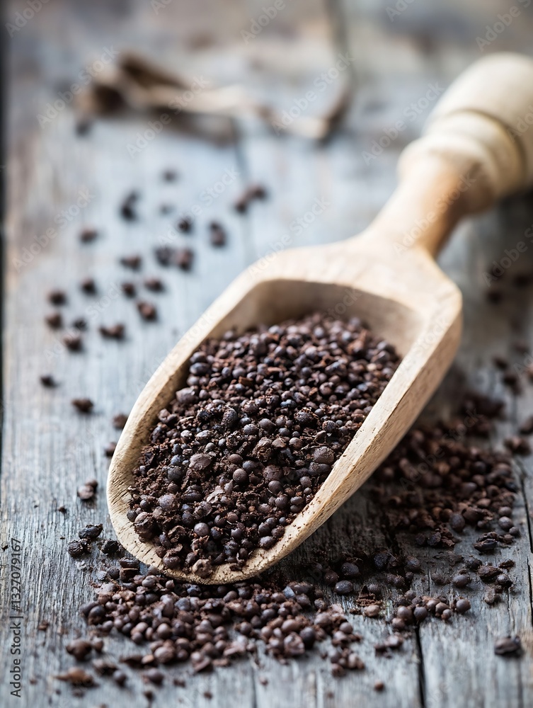 Poster wooden scoop filled with aromatic coffee grounds on rustic table : generative ai