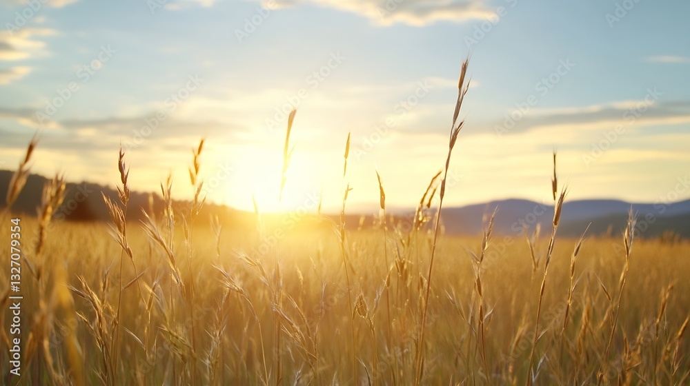 Poster golden field of wheat illuminated by a warm sunrise creating a peaceful morning atmosphere : generat
