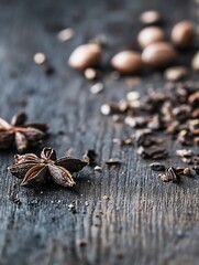 Anise stars and nuts scattered on a rustic wooden surface creating a warm cozy atmosphere : Generative AI