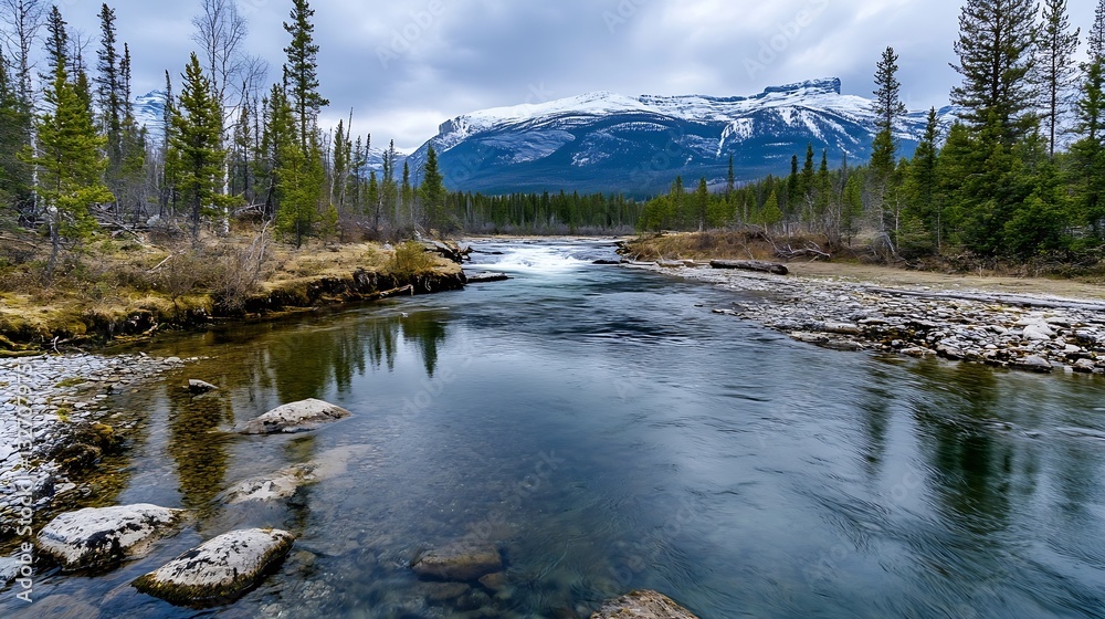 Poster serene landscape of a mountain river reflecting the lush greenery and snowcapped peaks under a cloud