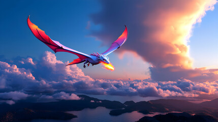Pixel Art Fantasy Dragon Soaring Above Sunset Cloudscape