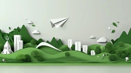 A serene green landscape at sunrise with a paper airplane taking flight