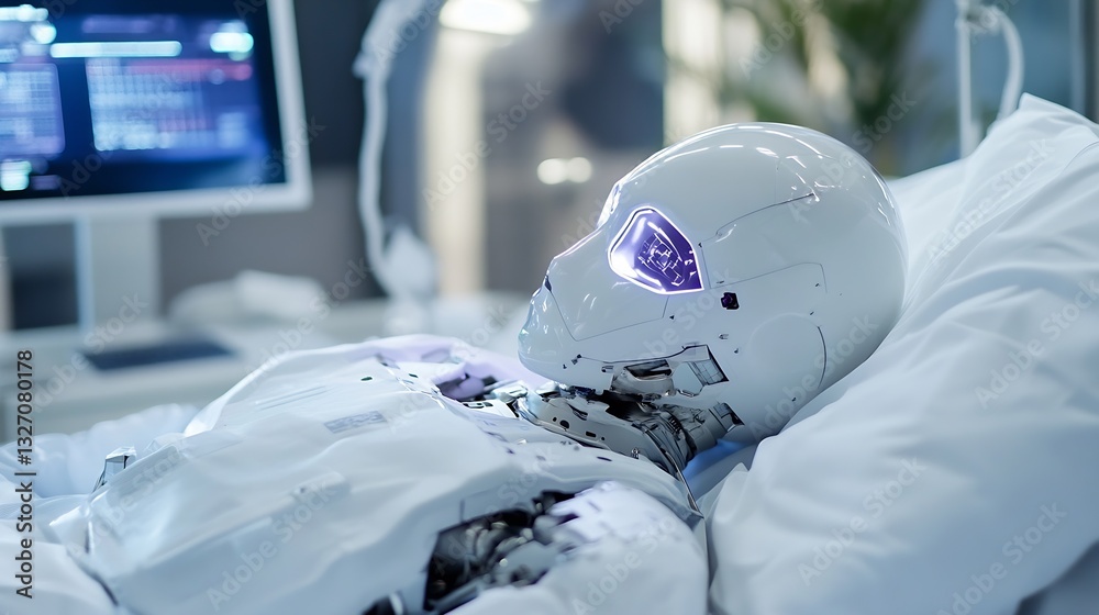 Leinwandbilder Futuristic Robot Lying on a Bed in a Tech Room with Illuminated Eyes and a Sleek Design : Generative AI