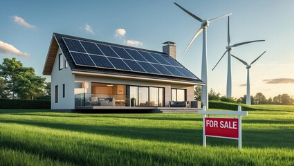 Modern home with solar panels and wind turbines on a vast green lawn, showcasing eco-friendly living