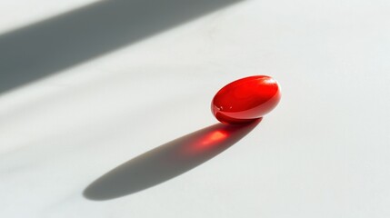 A single bright red capsule sitting on a clean white surface with a soft shadow.