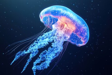 A beautifully illuminated jellyfish floating in a dark underwater scene