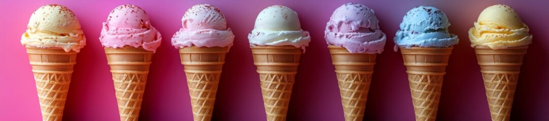 Ice Cream Cones in a Row with Vibrant Colored Scoops and a Gradient Background. Generative AI