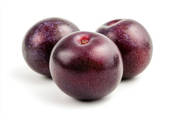 Obraz premium Three fresh and juicy plums resting on a white surface creating a studio shot with a vibrant color and texture