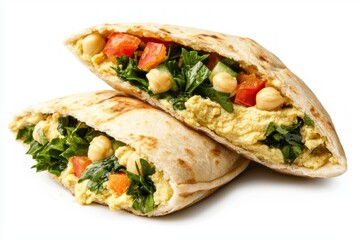Mouthwatering Pita Bread Stuffed with Hummus and Colorful Vegetables on a Crisp White Backdrop