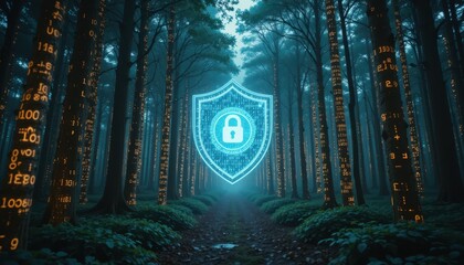 Cybersecurity in enchanted forest digital protection nature setting ethereal atmosphere conceptual viewpoint