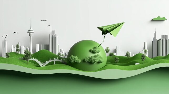 A floating green planet with a cityscape and paper airplanes