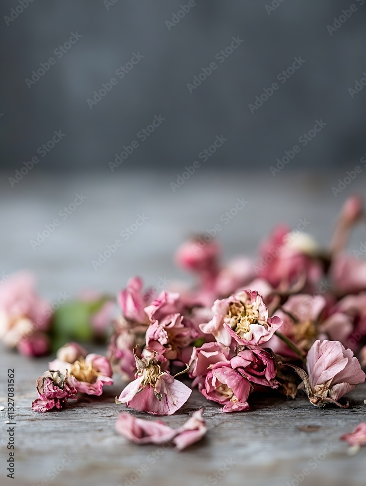 Aufkleber beautiful dried pink flowers scattered on a rustic wooden surface creating a delicate and charming a