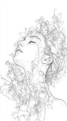 Woman Surrounded By Blossoming Flowers In Line Art