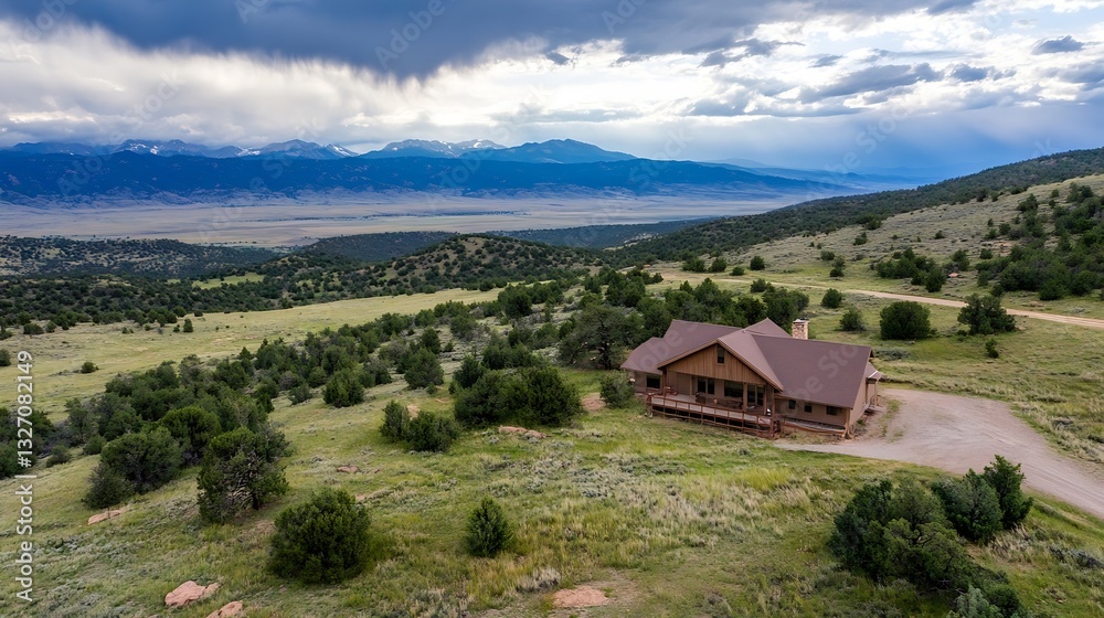 Poster scenic mountain view with rustic cabin surrounded by lush greenery and beautiful sky : generative ai
