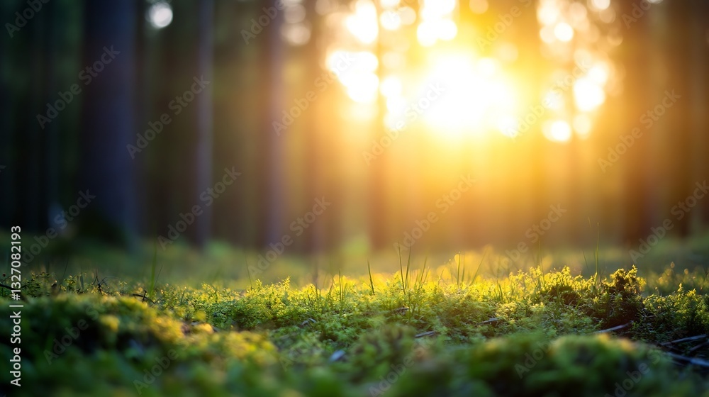 Poster serene forest landscape with sunlight streaming through trees illuminating the green ground : genera