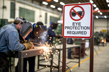 A sign indicating the need for eye protection in a workshop where workers are engaged in welding activities, with sparks flying around.