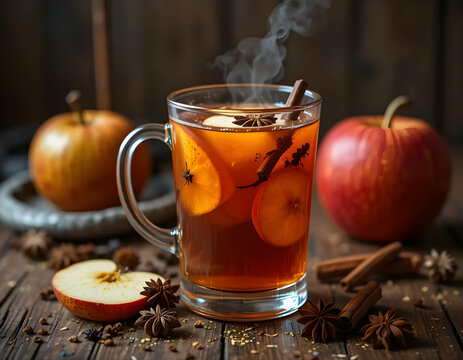 A steamy mug of spiced apple cider surrounded by fruit