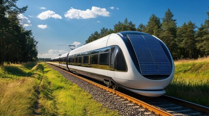 Naklejka premium A futuristic solar-powered train speeding through the countryside with zero emissions