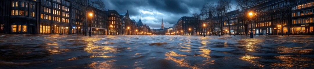 Obraz premium Flooded City Streets with High Waters Surrounding Buildings and Streetlights. Generative AI