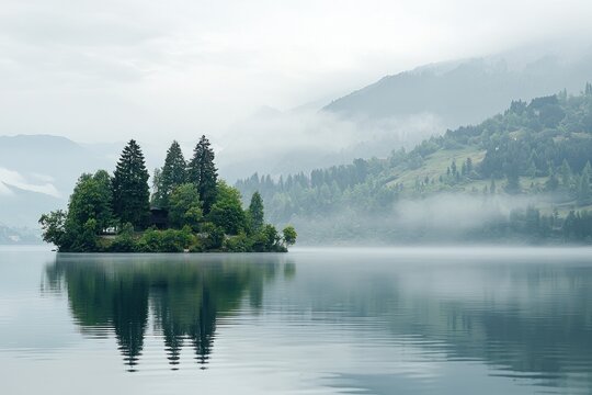 Serene island landscape with lush trees reflecting in calm water surrounded by mist and scenic mountain views - Powered by Adobe