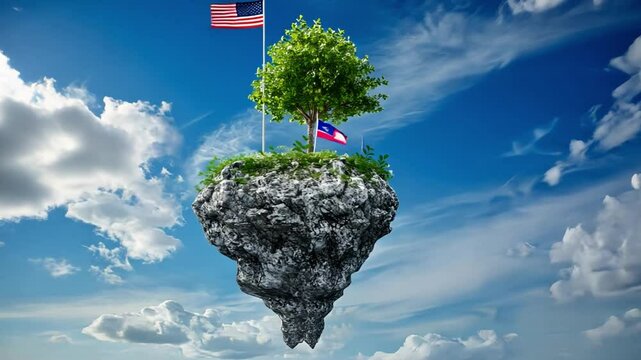 Surreal floating island in Texas with trees and flags, symbolizing unity and freedom in nature, under bright sky filled with fluffy clouds, creating tranquil landscape.