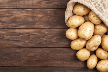 Fresh potatoes spilling from burlap sack on rustic wooden table