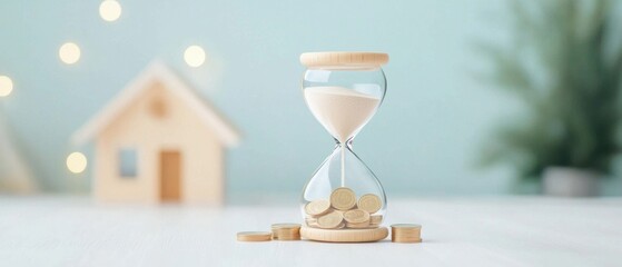 Hourglass with coins symbolizing time and financial investment in a minimalist home setting