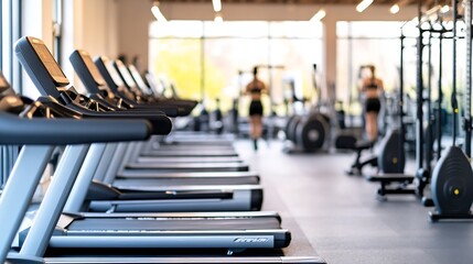 Sleek and Modern Treadmills Lined Up in a Bright Fitness Gym Environment : Generative AI