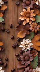 close up of chocolate brown and copper flowers with coffee beans on wooden background, creating warm and rustic aesthetic