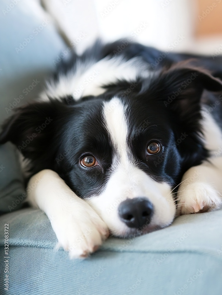 Fototapete adorable black and white border collie dog resting on a couch with a curious gaze and relaxed expres