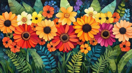 Vibrant floral arrangement, garden setting, summer bloom, background foliage, greeting card design