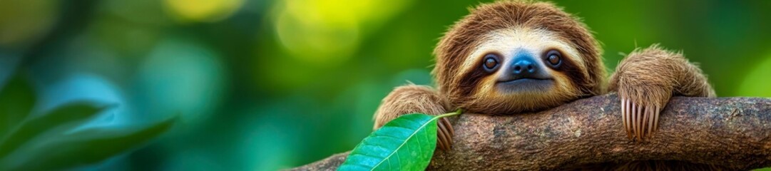 Fototapeta premium Adorable Baby Sloth Resting on a Tree Branch with Green Leaves. Generative AI