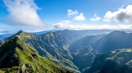 Stunning panoramic view of majestic mountain range under bright blue sky : Generative AI