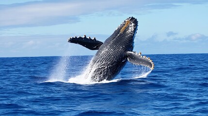 Fototapeta premium Majestic humpback whale breaching the ocean surface showcasing its power and grace : Generative AI