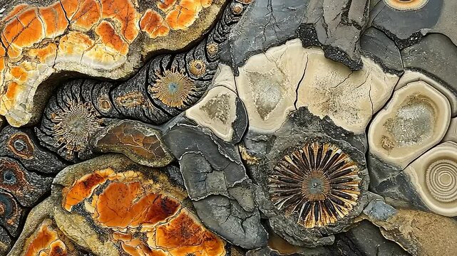 Close-up view of intricate fossilized rock formations showcasing vibrant colors and textures