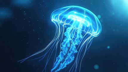 A glowing blue jellyfish swimming in the ocean environment
