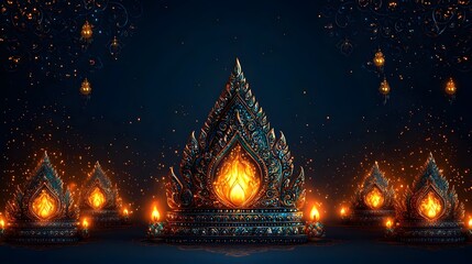 Glowing Thai Inspired Kanok Motifs on Dark Blue Gradient Background