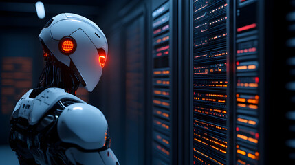 Futuristic robot analyzes data servers in high-tech facility urban environment digital art