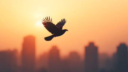 Obraz premium Bird in flight over urban skyline at sunset nature photography serene atmosphere